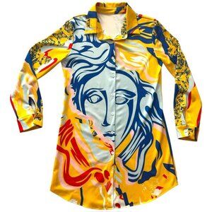 Women's Abstract Art Print Button-Up Long Sleeve Shirt Dress Size M